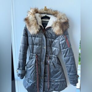 Gray Faux Fur Hooded Puffer Jacket